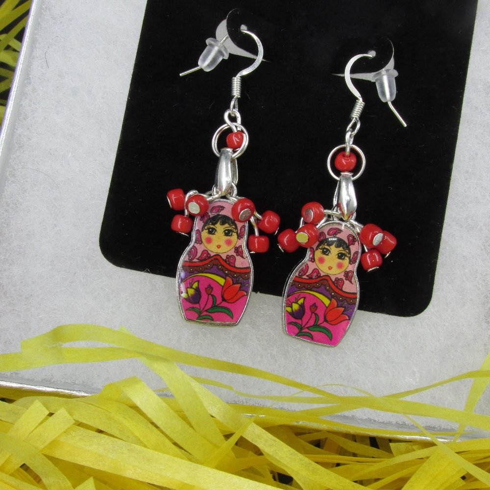 Silver Plated Matryoshka Russian Doll Earrings with dangling beads